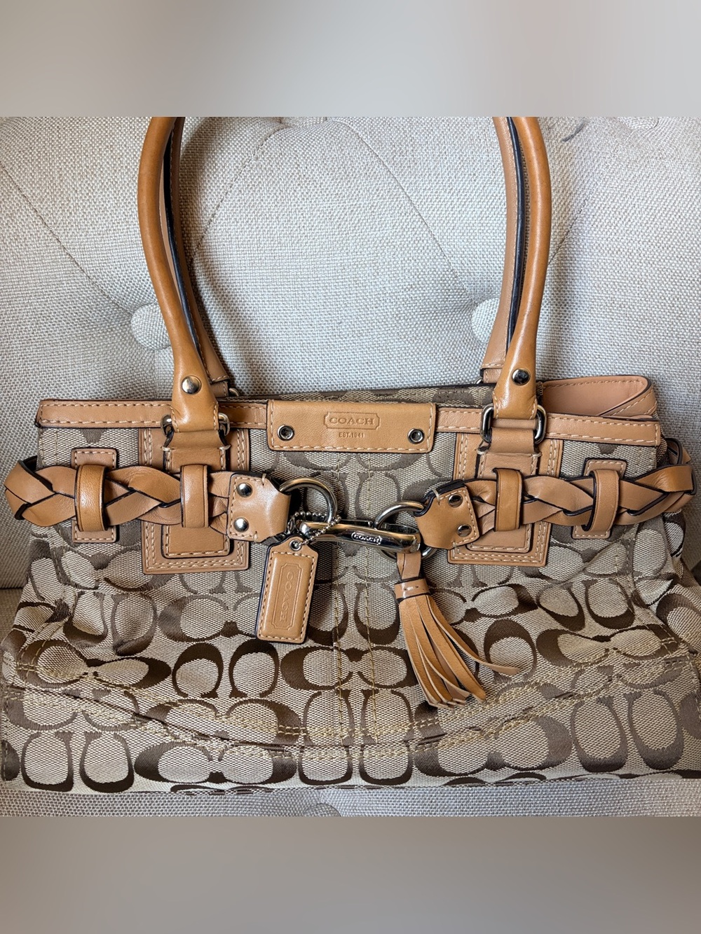 COACH F13065 vintage Y2K Signature Brown Jacquard Leather Hampton Satchel Bag